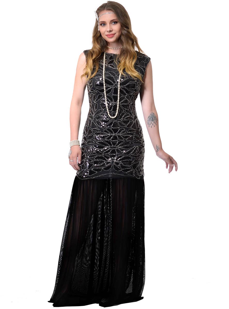 Long Black Great Gatsby Dress for Women Deluxe 1920s Costume